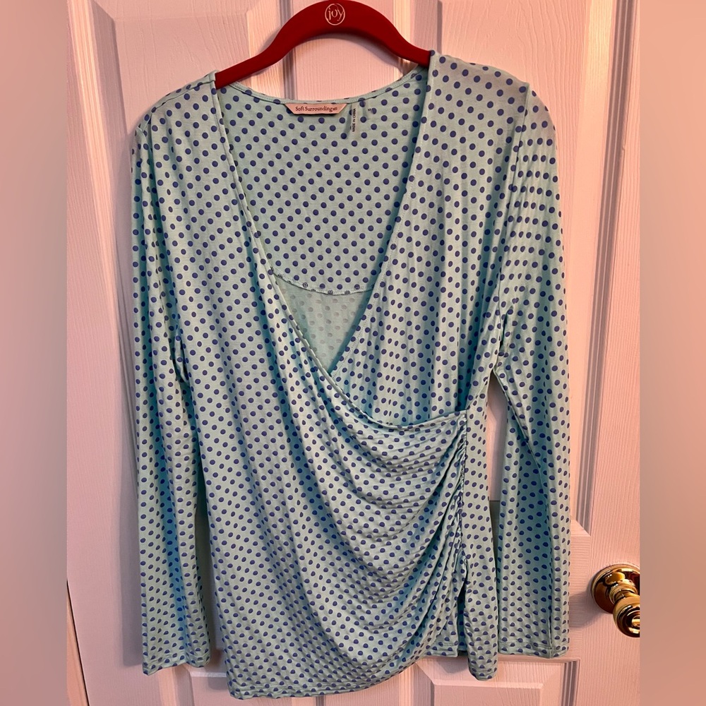 Soft Surroundings Teal and Blue Polka Dot Wrap Top